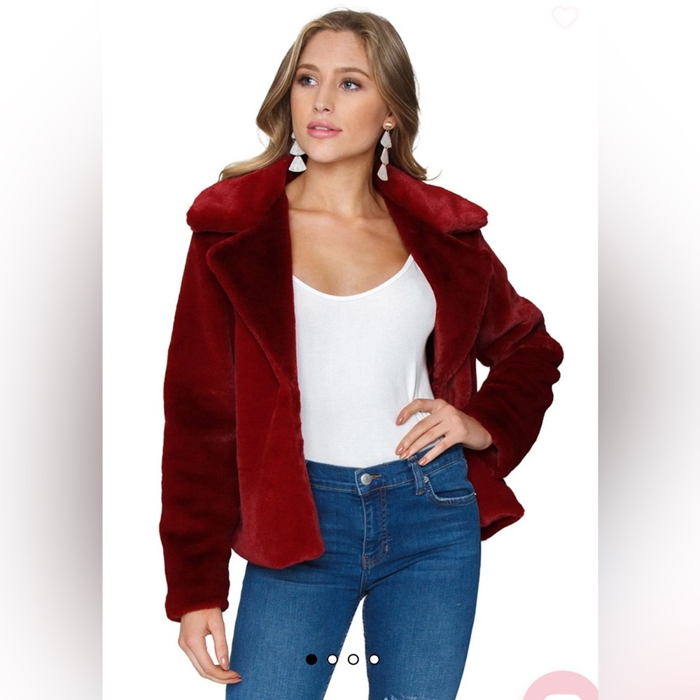 MINKPINK Be Mine faux fur jacket in color wine. Size small.